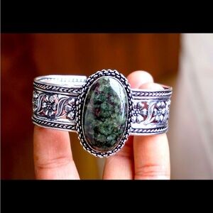 Adjustable Handmade 925 Sterling Silver Plated, Natural Eudialyte Bangle